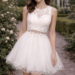 Dancing Queen Lace Embroidered Illusion Two piece Prom Formal Mini Dress.
